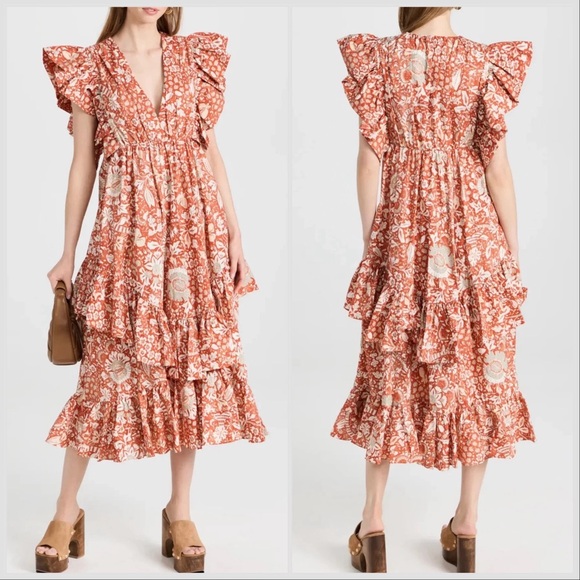 ULLA JOHNSON Delila Midi Ruffle Floral Dress Orange Blossom Sz 4 - Picture 2 of 15